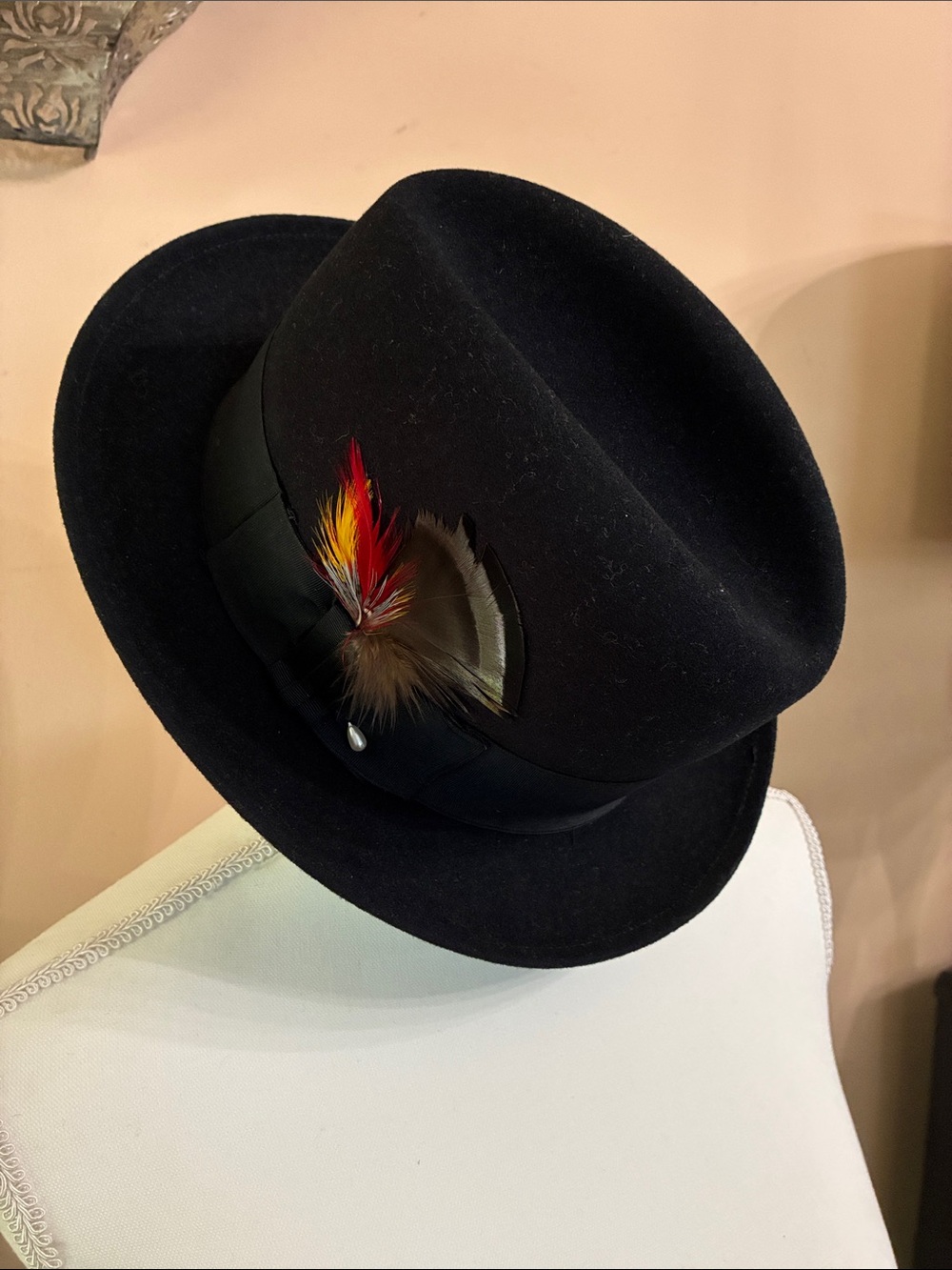 Classic Black Felt Fedora with Feather Pin